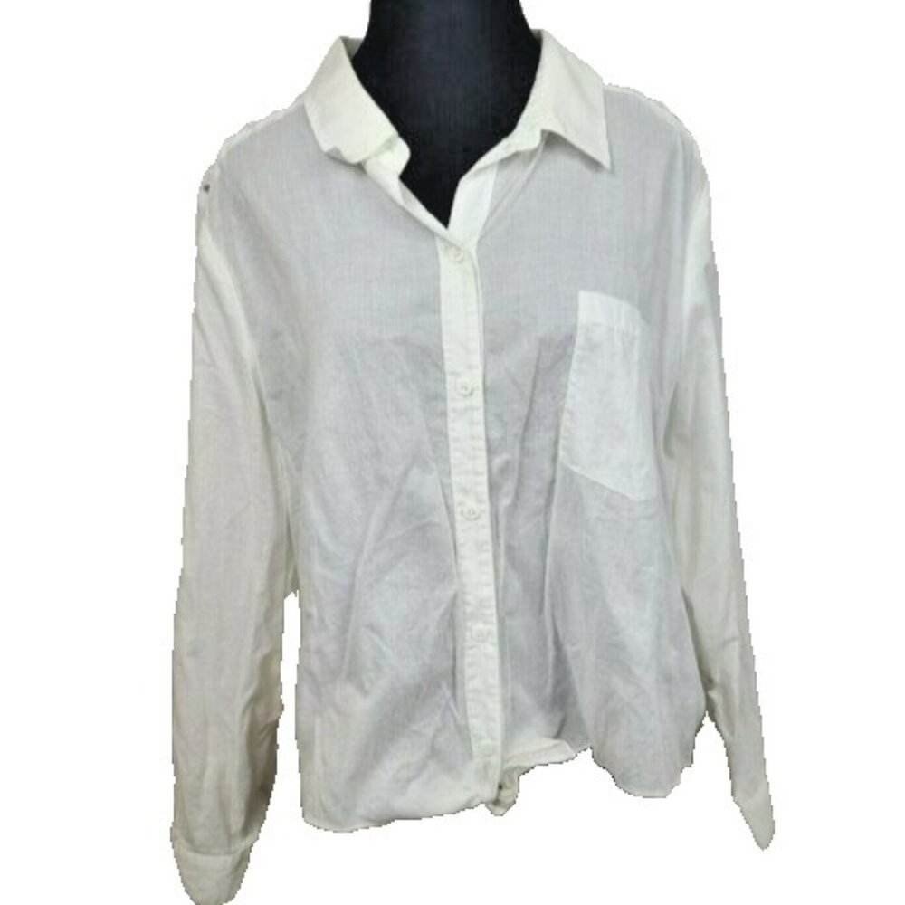 Chicos Womens Top XL White Button Up Tie Hem Eyelet Long Sleeve Minimalist